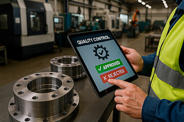 Worker inspecting a metal part with quality control app for the concept of manufacturing.