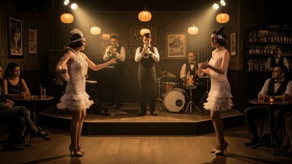 Roaring Twenties Dance Celebration: A lively vintage jazz performance in a dimly lit bar
