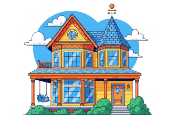 Charming victorian style house with blue roof isolated on transparent background