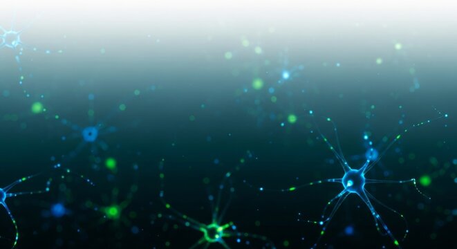 futuristic gradient background (white to deep teal) with subtle neuron light particles, biohacking theme