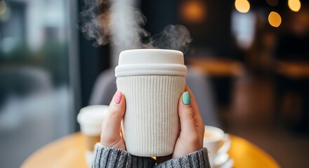 Cozy Coffee Break - Hands Holding Steaming Cup in Cafe.