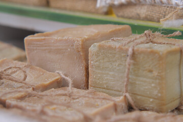 Artisan soap on display at a local market in autumn