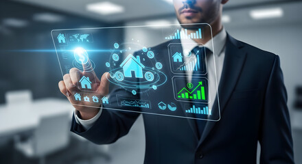 Businessman Interacting with Futuristic Holographic Interface for Smart Real Estate Management and Property Data Analysis in a Modern Office Enviro...