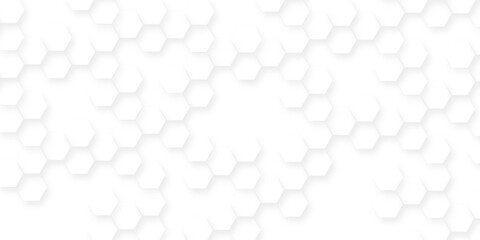 The tiles are arranged in a pattern that creates a sense of depth, abstract white background with a hexagonal pattern for a technology and science concept.