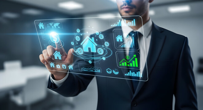 Businessman Interacting with Futuristic Holographic Interface for Smart Real Estate Management and Property Data Analysis in a Modern Office Enviro...