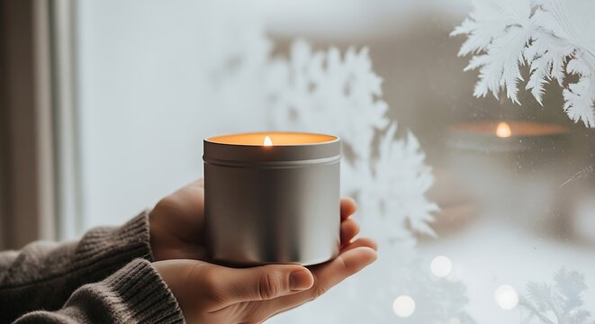 Cozy Winter Scene - Hands Holding Lit Candle by Snowy Window.