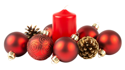 Festive red Christmas ornaments and pine cones create a cozy holiday scene