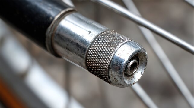 Close-up of a bicycle tire valve with pump attachment.