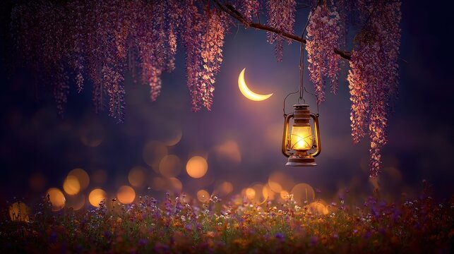 A serene night scene featuring a lantern hanging from a branch, with a crescent moon and cascading flowers, creating a magical atmosphere.