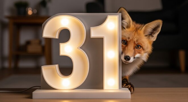 A charming red fox curiously peeking from behind a large illuminated number thirty-one sign indoors
