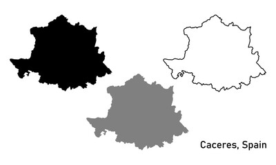 Map of Caceres a province in Spain. Map with various styles of outlines, black and gray.