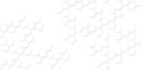 The tiles are arranged in a pattern that creates a sense of depth, abstract white background with a hexagonal pattern for a technology and science concept.