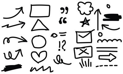 Highlight marker black  set.Black underline mark with hand drawn marker stroke and sketch brush texture. Arrow paint scribble shape, check mark, and pen rectangle frame set. Vector illustration