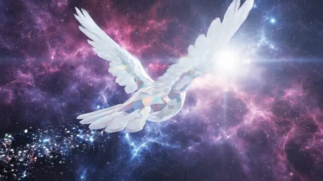 Abstract transparent dove soaring against a cosmic background
