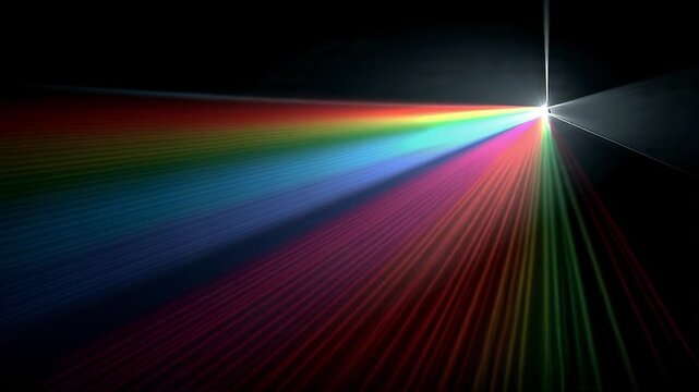 Colorful light spectrum refracting through prism on dark background