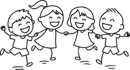 Four happy cartoon children holding hands and jumping together