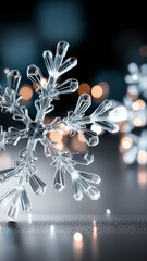 Beautiful hyper realistic white crystal snowflake on black background, surrounded by soft bokeh lights, creating magical and serene winter atmosphere