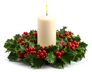 Christmas Candle and Holly Wreath A Festive Holiday Decoration Symbolizing Celebration and Joy