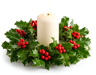 A beautiful Christmas holly wreath adorned with vibrant red berries and a white candle, perfect for holiday decorations