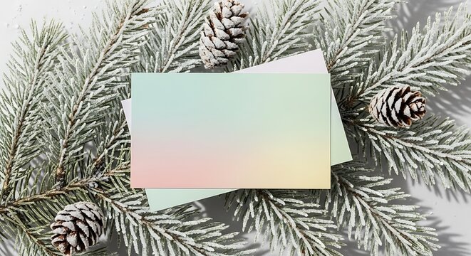 Festive Holiday Card Mockup with Pine Cones and Snowy Branches.