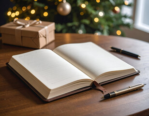 Holiday Gift and Journal with Pens on Wooden Table in Front of Christmas Tree, Perfect for Festive Greetings