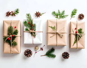A festive flat lay of beautifully wrapped holiday gift boxes with natural decorations, showcasing a collection of presents ready for Christmas and New Year's celebrations