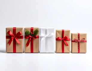 An elegant assortment of festive holiday gifts in a row, featuring rustic kraft and clean white wrapping with vibrant red ribbons for Christmas