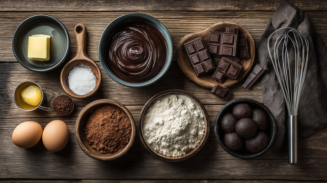 Rustic wooden table displays ingredients for chocolate cupcakes including butter chocolate eggs flour cocoa powder sugar and whisk evoking cozy baking atmosphere