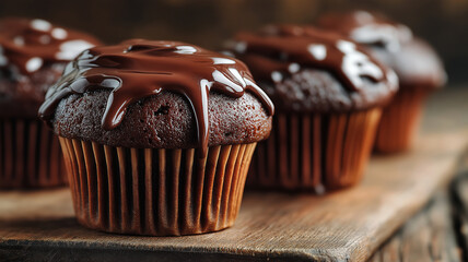 Rich chocolate cupcakes with glossy icing sit on wooden board, showcasing their moist texture and indulgent appeal. Perfect for dessert lovers