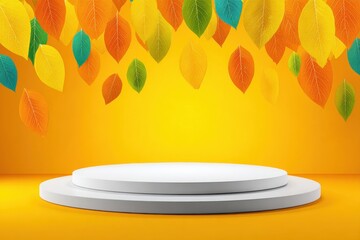 Autumnal Stage: A minimalist, bright yellow stage design for product presentation, featuring falling colorful leaves, a creative way to showcase products or themes related to the fall season