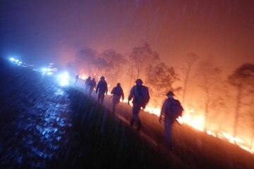 Obraz premium Courage in the Flames: A determined team of firefighters battles a raging wildfire. The firefighters walk through smoke and embers.