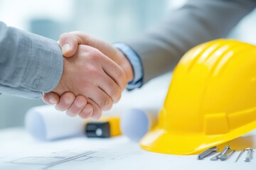 A handshake between two individuals signifies an agreement, with a yellow hard hat and tools visible, indicating a construction or business context.