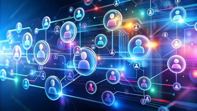 A digital network of interconnected people visualized through glowing lines and circular profiles