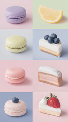 Delightful assortment of pastel colored macarons and slices of cake, each with unique topping like blueberries and strawberries, arranged against soft pastel backgrounds. image evokes sense