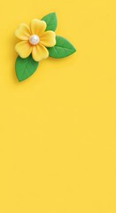 Yellow flower and green leaves on bright yellow minimal background style
