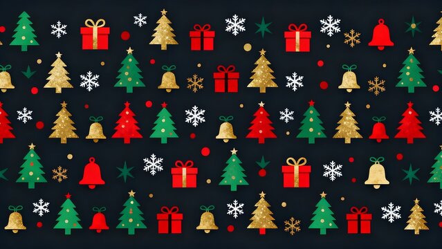 Christmas pattern with trees gifts and snowflakes