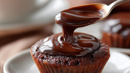 Rich chocolate ganache is being poured onto moist cupcake, creating glossy finish. close up shot captures indulgent texture and tempting appeal of dessert