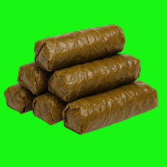 Stuffed Grape Leaves on Green Background: An Appetizing View of Traditional Dolma Served in a Classic Style