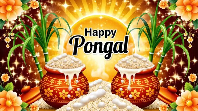 Vibrant Happy Pongal festival greeting card with traditional sweet rice pots, sugarcane, and a radiant sun background Animation 4k
