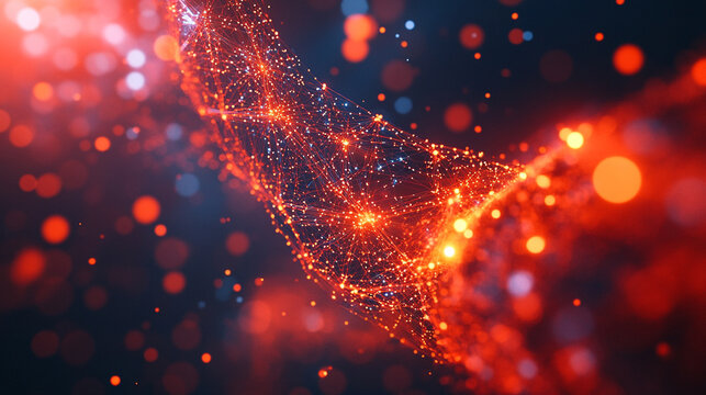 An abstract tech mesh flows with motion blur, creating a dynamic, futuristic visualization of digital networks, energy, and high-speed technological movement.
