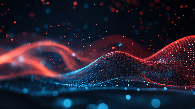 An abstract tech mesh flows with motion blur, creating a dynamic, futuristic visualization of digital networks, energy, and high-speed technological movement.
