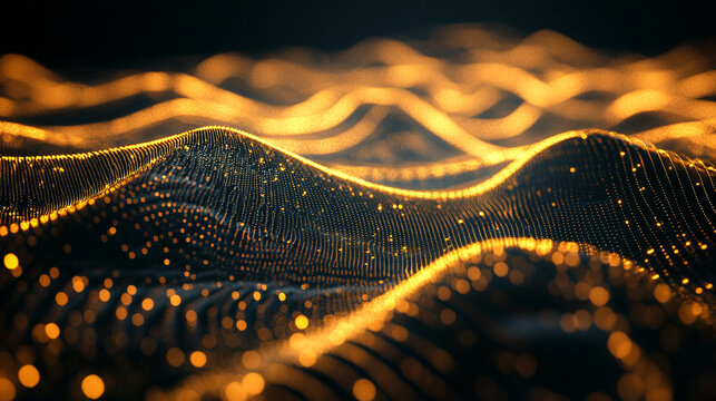 An abstract tech mesh flows with motion blur, creating a dynamic, futuristic visualization of digital networks, energy, and high-speed technological movement.
