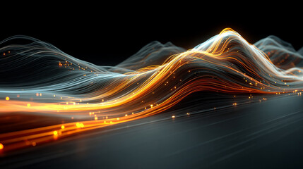 An abstract tech mesh flows with motion blur, creating a dynamic, futuristic visualization of digital networks, energy, and high-speed technological movement.
