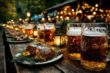 Festive Feast with Beer: A convivial outdoor feast, featuring an array of beer mugs and a platter of delicious food. Evoking a sense of camaraderie and merriment, bathed in warm lighting.