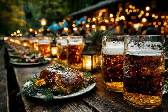 Festive Feast with Beer: A convivial outdoor feast, featuring an array of beer mugs and a platter of delicious food. Evoking a sense of camaraderie and merriment, bathed in warm lighting.