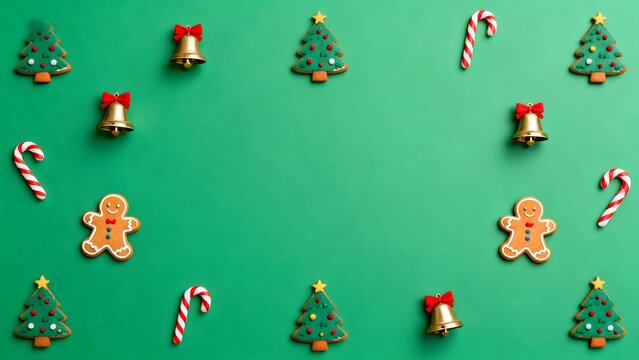 Christmas cookies and decorations on green background