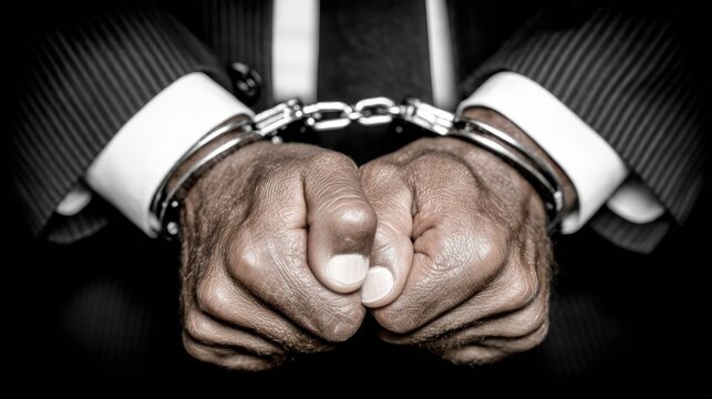 Confinement: A person's hands are clasped in a cold, metallic embrace of handcuffs. Representing themes of law and order, crime, and captivity.