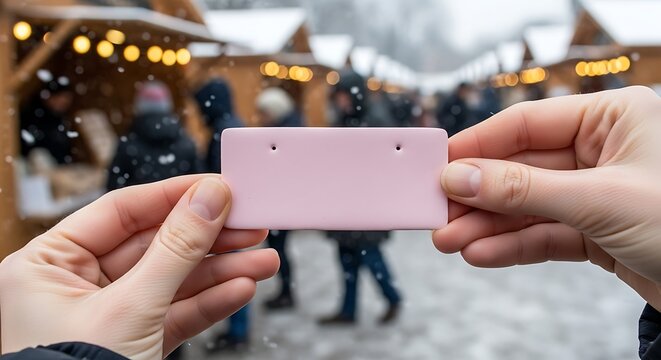Hands holding a pink tag at a snowy outdoor market. - Powered by Adobe