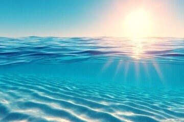Fototapeta premium Split view of a tranquil ocean with underwater sand ripples and bright sunshine.
