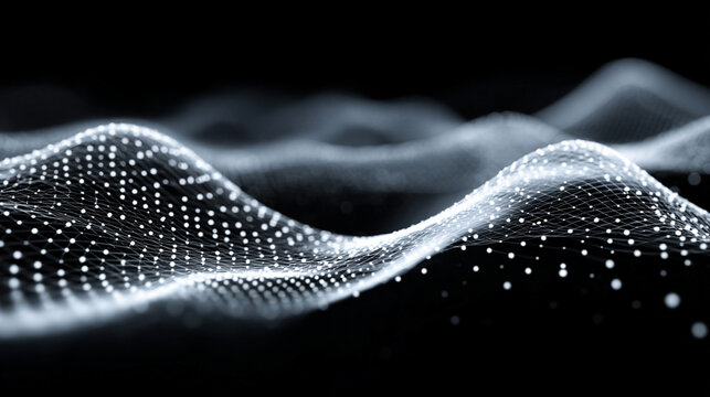 An abstract tech mesh flows with motion blur, creating a dynamic, futuristic visualization of digital networks, energy, and high-speed technological movement.
